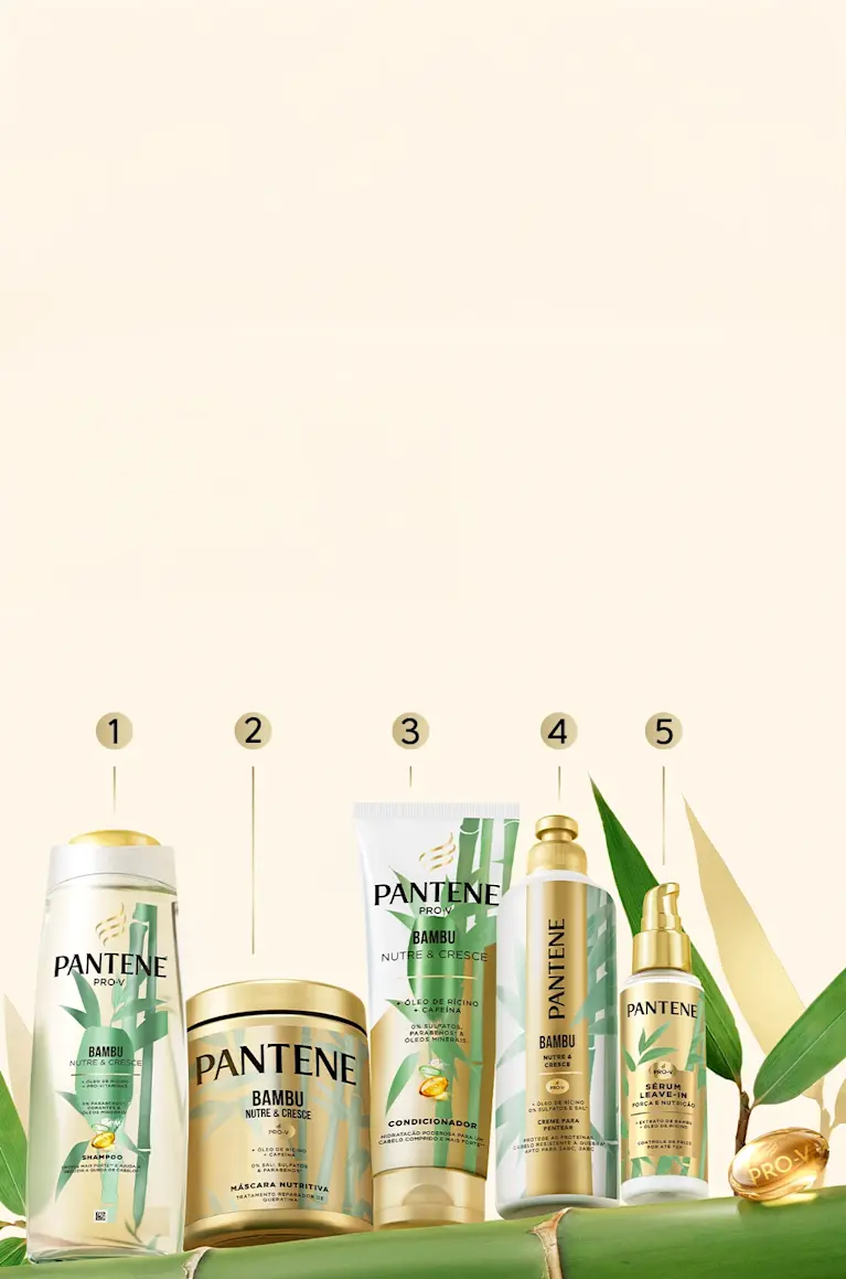 Coleção completa de bambu nutre e cresce: 1 shampoo, 2 máscara, 3 condicionador, 4 creme para pentear, 5 sérum