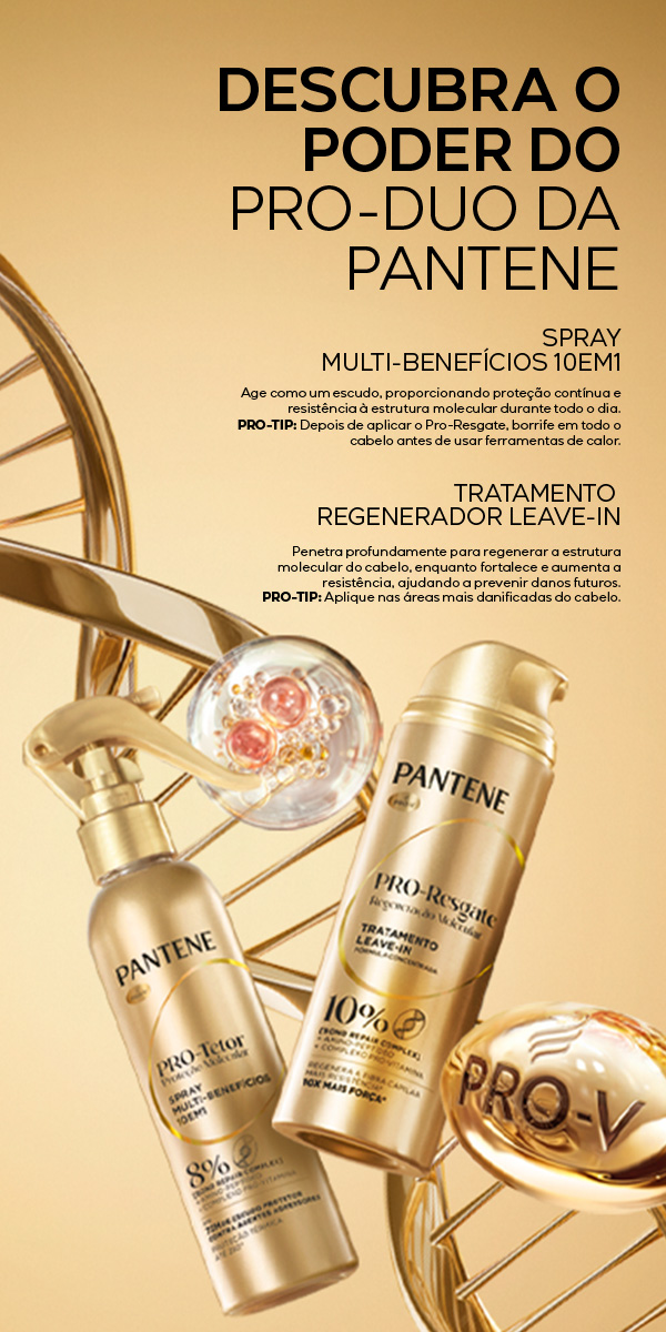 Imagem promocional dos produtos Pantene PRO-DUO, apresentando spray Pro-Tetor e tratamento leave-in Pro-Resgate, com descrição dos benefícios de proteção e regeneração molecular do cabelo.