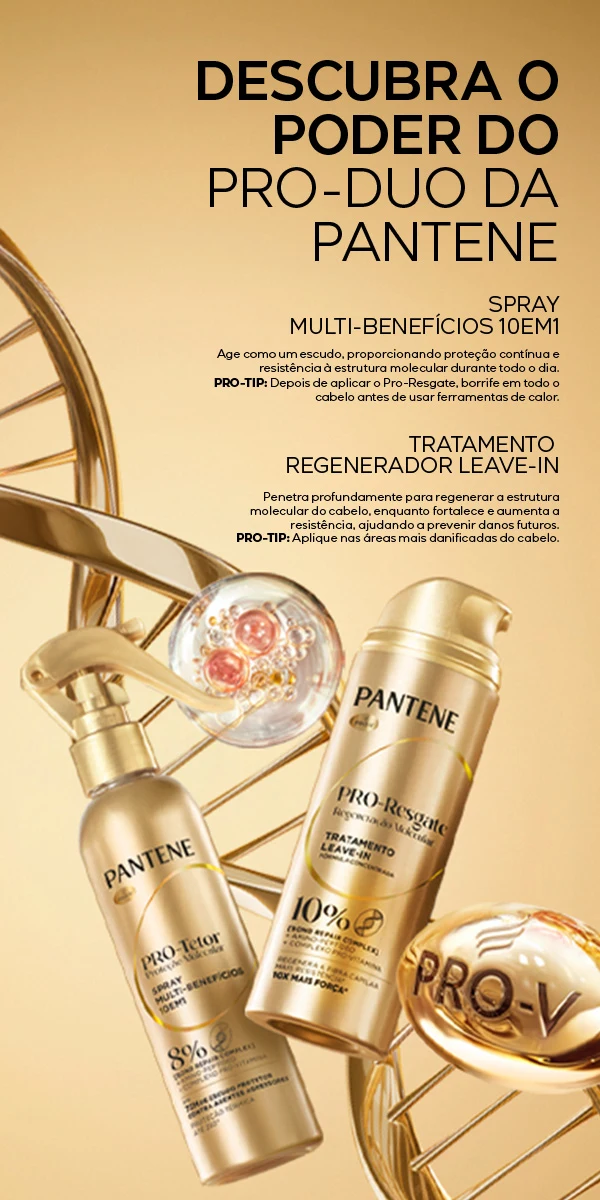 Imagem promocional dos produtos Pantene PRO-DUO, apresentando spray Pro-Tetor e tratamento leave-in Pro-Resgate, com descrição dos benefícios de proteção e regeneração molecular do cabelo.