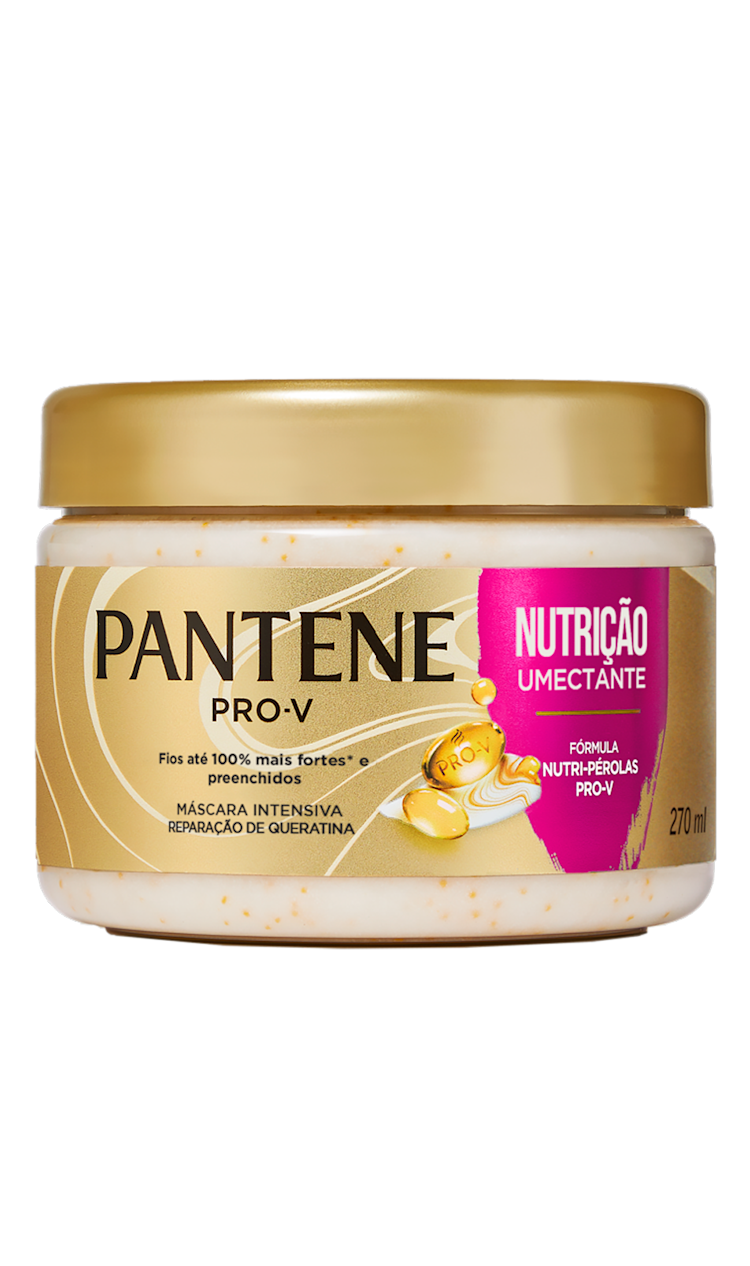 Frasco Pantene máscara capilar intensiva Nutrição com pérolas Pro – V para cabelo com frizz.