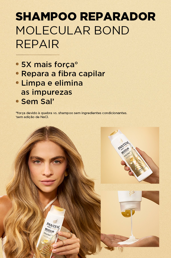 Shampoo Pantene Molecular Bond Repair com benefícios para força e limpeza, e imagens de aplicação do produto na mão.