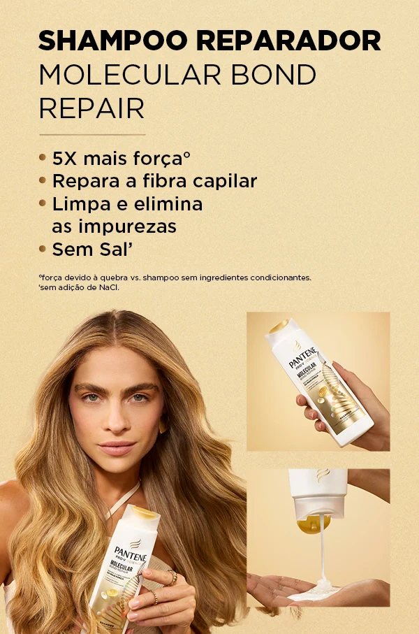 Shampoo Pantene Molecular Bond Repair com benefícios para força e limpeza, e imagens de aplicação do produto na mão.