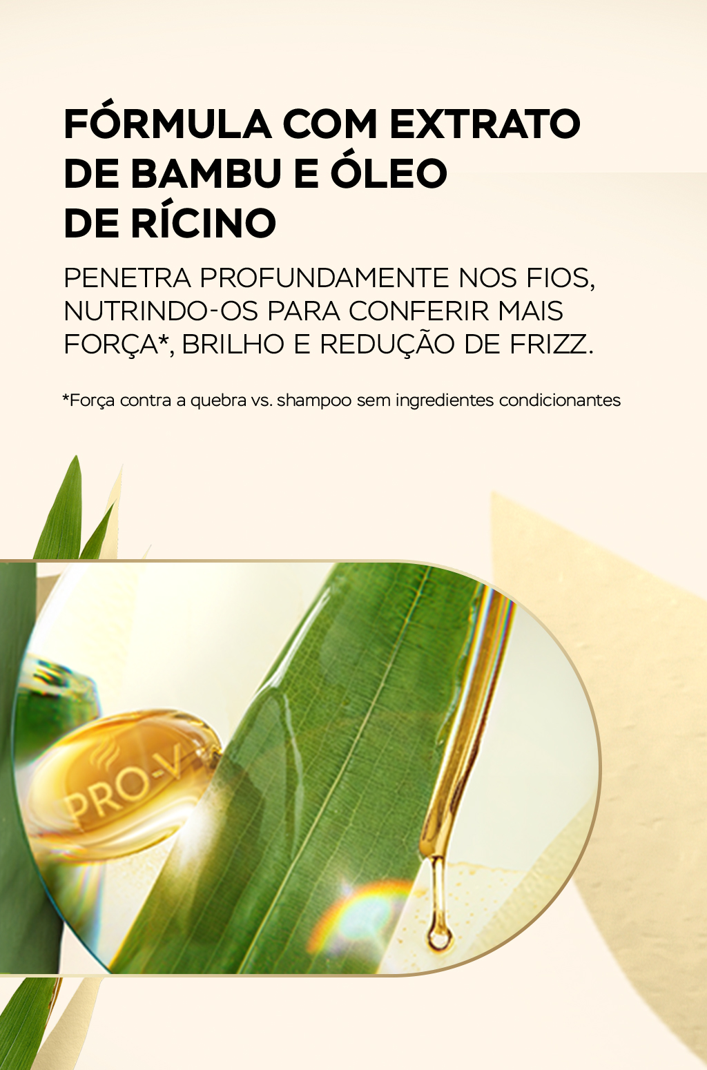 Cápsula de Vitamina Pro-V derramando suas propriedades em uma folha de árvore de bambu