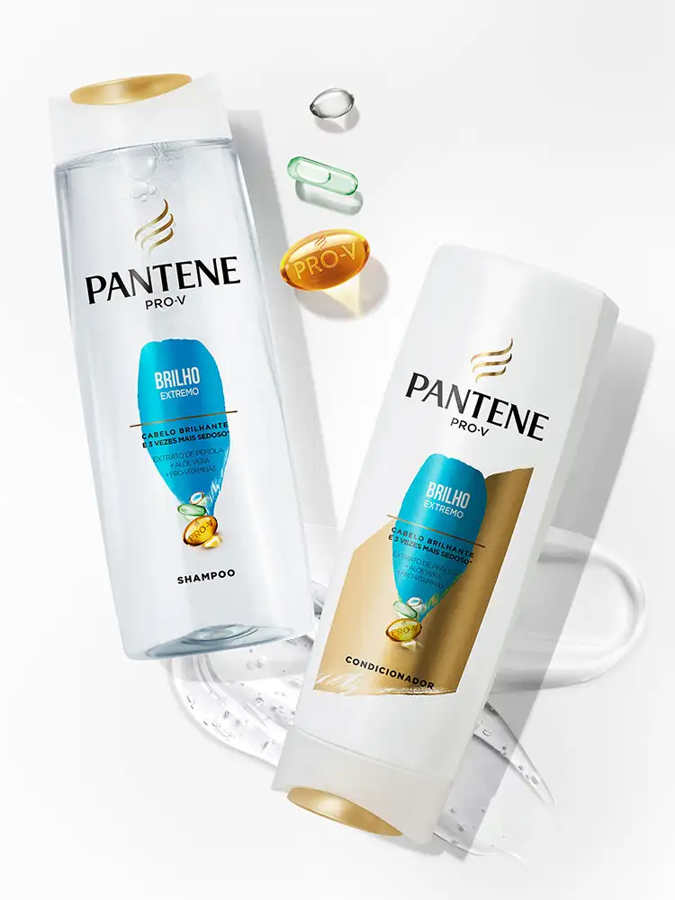 Shampoo e condicionador brilho extremo da Pantene, cabelos 3 vezes mais macios e brilhantes