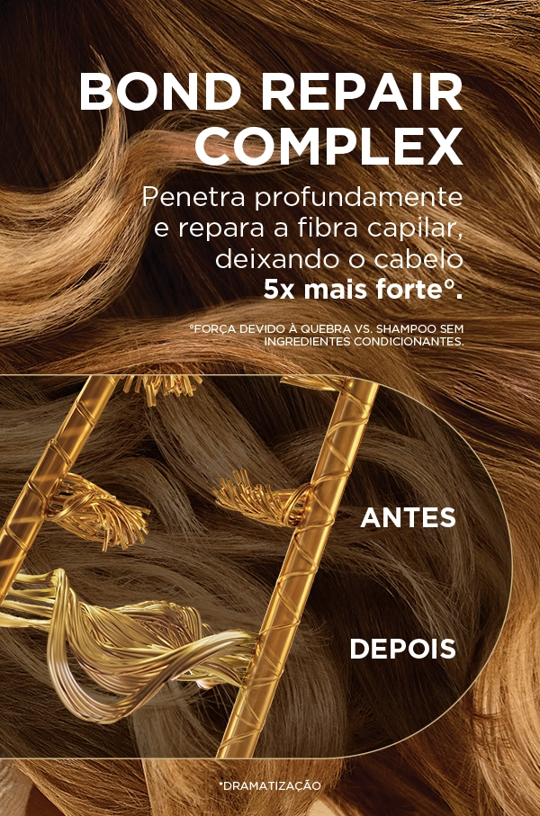 Comparação de fios de cabelo antes e depois do uso de Bond Repair Complex com hélice dourada representando a reparação.