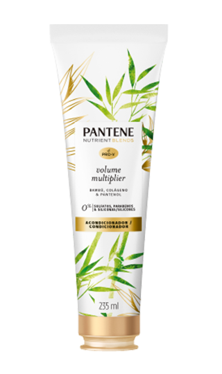 Condicionador Pantene com bambu, colágeno e pantenol, sem sulfatos, sem parabenos e sem silicones.