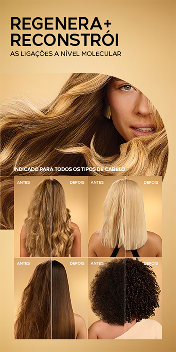 diferentes tipos de cabelo acompanhados da frase “Regenera + Reconstrói as ligações a nível molecular”. Indicado para todos os tipos de cabelo.