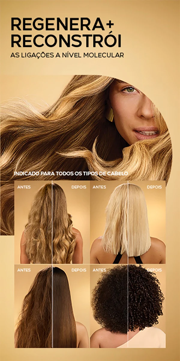 diferentes tipos de cabelo acompanhados da frase “Regenera + Reconstrói as ligações a nível molecular”. Indicado para todos os tipos de cabelo.