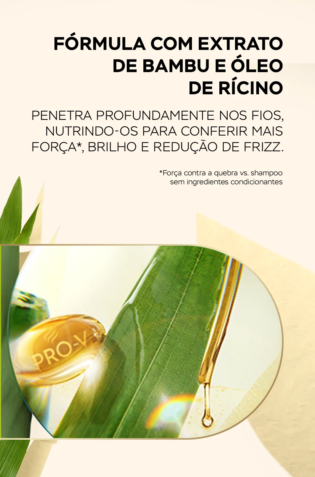 Cápsula de Vitamina Pro-V derramando suas propriedades em uma folha de árvore de bambu