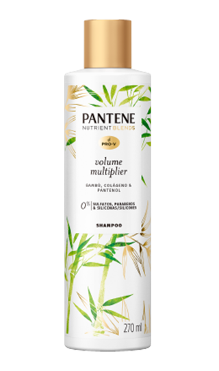 Shampoo Pantene com bambu, colágeno e pantenol, sem sulfatos, sem parabenos e sem silicones.