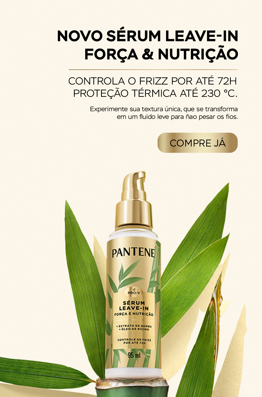 Garrafa do sérum Força & Nutrição entre folhas de bambu