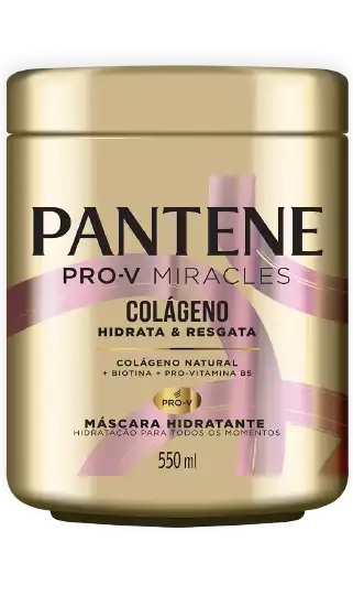 Máscara Hidratante da coleção Pantene Colágeno Hidrata e Resgata cabelos danificados por química.