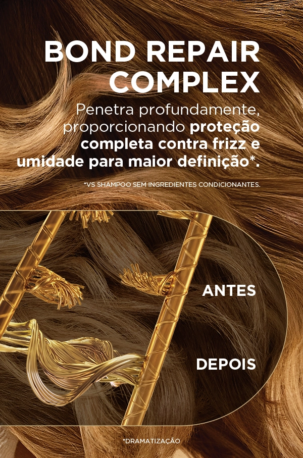 Comparação de fios de cabelo antes e depois do uso de Bond Repair Complex com hélice dourada representando a reparação.