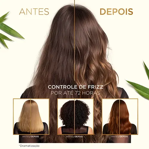 Antes e depois do cabelo com Pantene: redução do frizz por até 72 horas em diferentes tipos de cabelo.