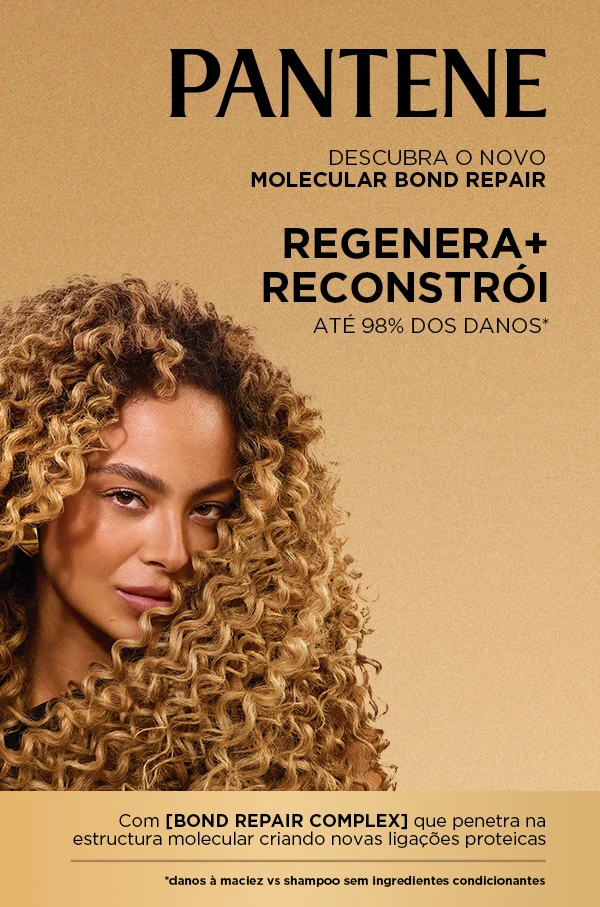 Mulher de cabelo cacheado dourado com produtos Pantene Pro-V ao lado de hélice de DNA dourada.