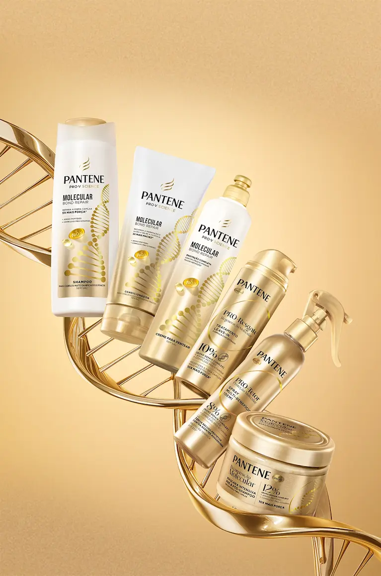 Linha Pantene Molecular Bond Repair com shampoo, condicionador, máscara e spray, indicada para cabelos danificados e fracos