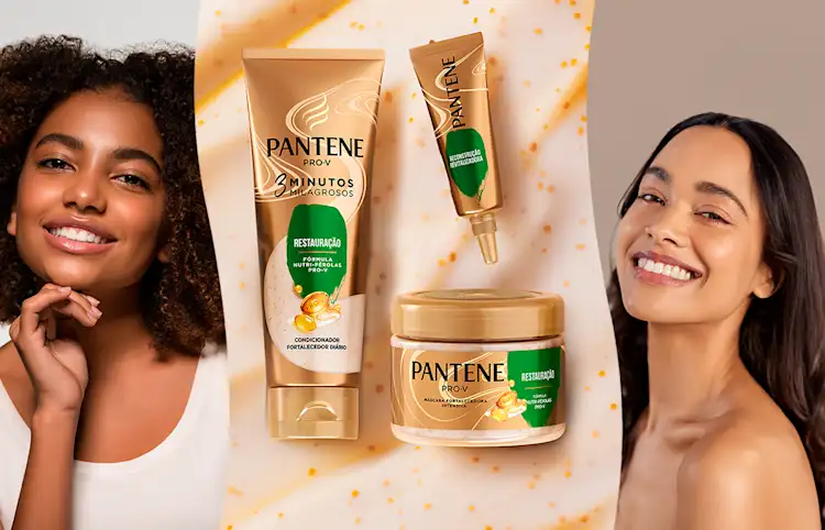 Imagem principal, produtos da Pantene Restauração e dois modelos com cabelos poderosos.