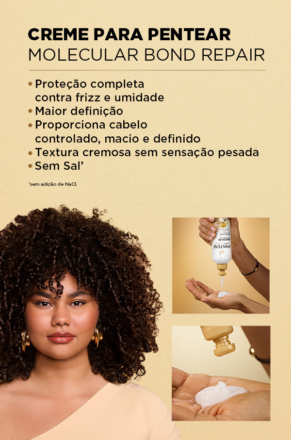 Creme para Pentear Pantene com benefícios contra frizz e textura leve, com passo a passo de aplicação nas mãos.