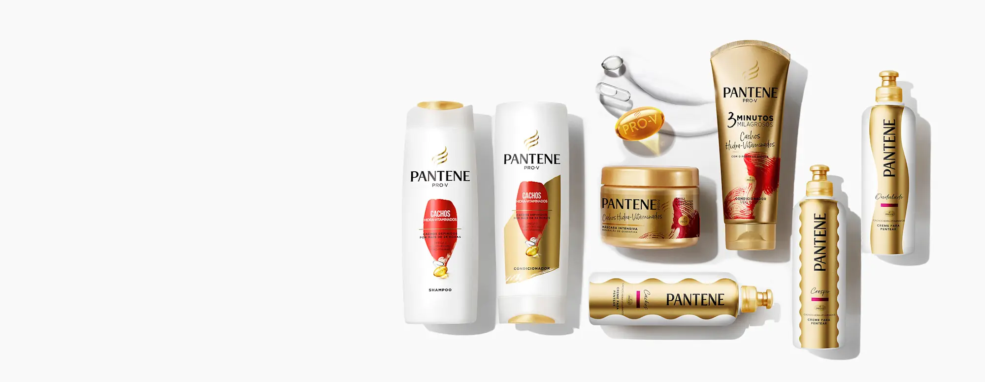 Coleção da Pantene cachos hidravitaminados com shampoo e condicionador uso diario