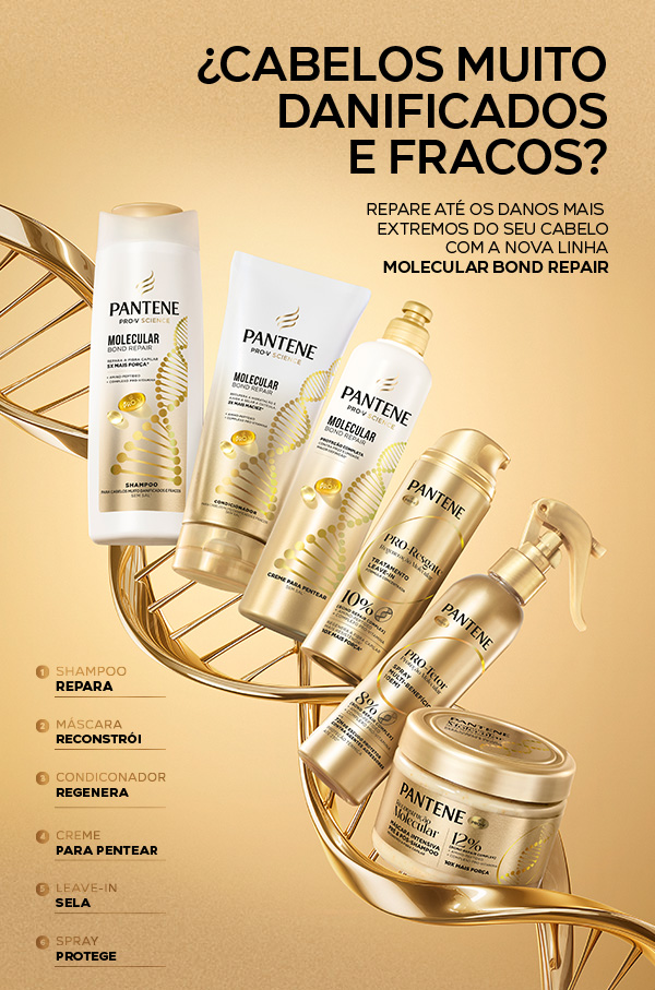 Linha Pantene Molecular Bond Repair com shampoo, condicionador, máscara e spray, indicada para cabelos danificados e fracos.
