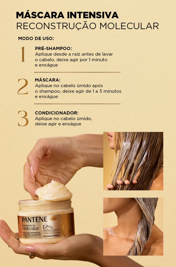 Máscara Intensiva Pantene com instruções de uso em três etapas e imagens de aplicação nos cabelos úmidos.
