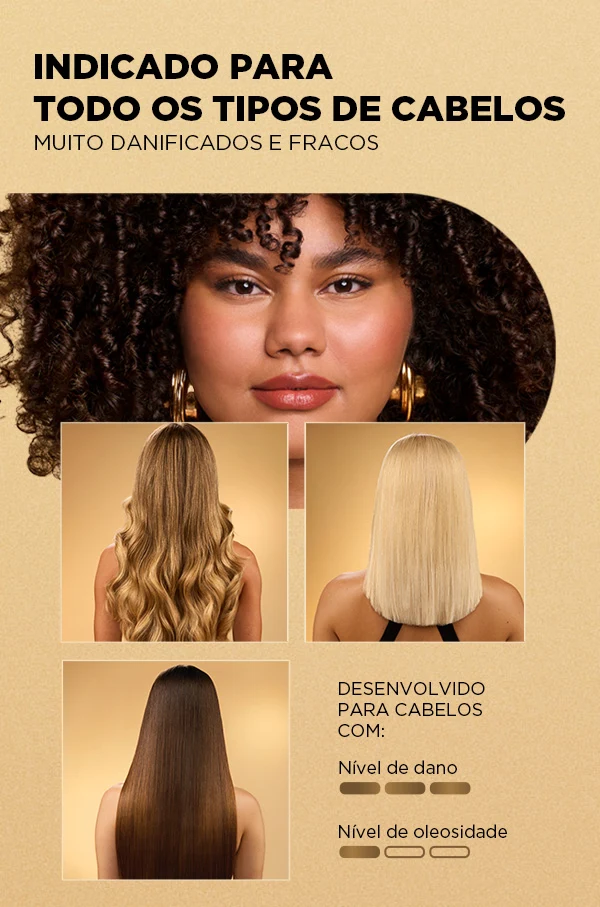 Mulheres com cabelos lisos, ondulados, loiros e cacheados, com texto sobre indicação para cabelos danificados e fracos.