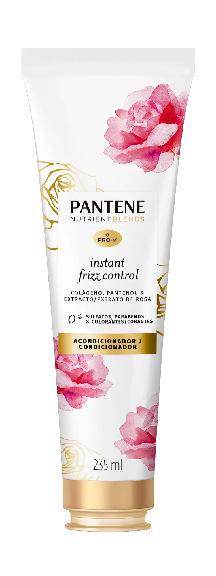 Condicionador Pantene antifrizz com extrato de rosas, colágeno e pantenol, sem sulfatos, sem parabenos e sem corantes