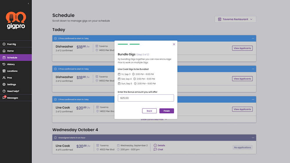 By Bundling Gigs together you can encourage Pros to apply to multiple Gigs, or a series of Gigs. This works to your advantage so don’t have to keep training new Pros. This feature also makes large scale event staffing and catering gigs a breeze because you can post multiple positions across different locations and Pros can apply to work the same position and location consecutive days in a row.