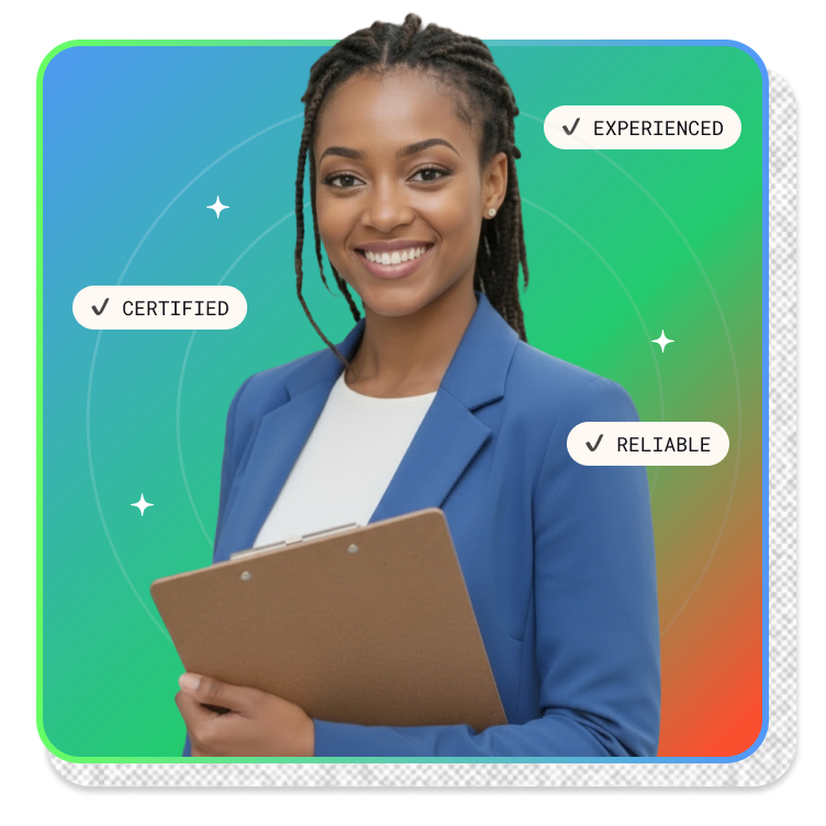 Photo of a lady with text bubbles reading certified, reliable, experienced