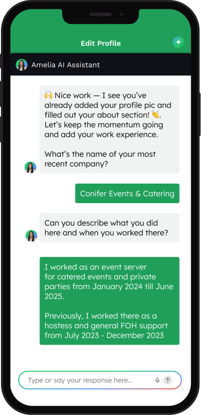 Step 1: Amelia helps you to set up your account and profile