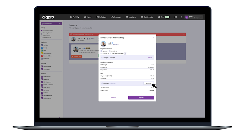 Screenshot of new tipping feature in Gigpro's app