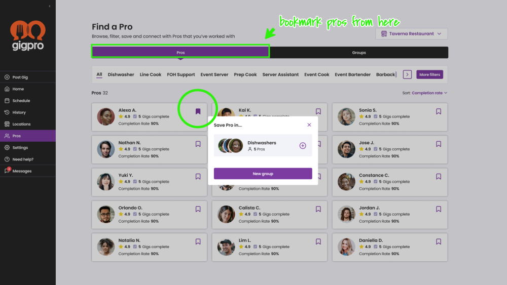 Groups helps you keep track of talented Pros on Gigpro so you can easily select a group of individuals to come back for gigs.