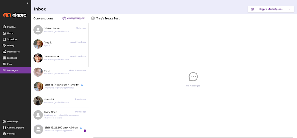 Messaging a pro as a business inside Gigpro's web app.