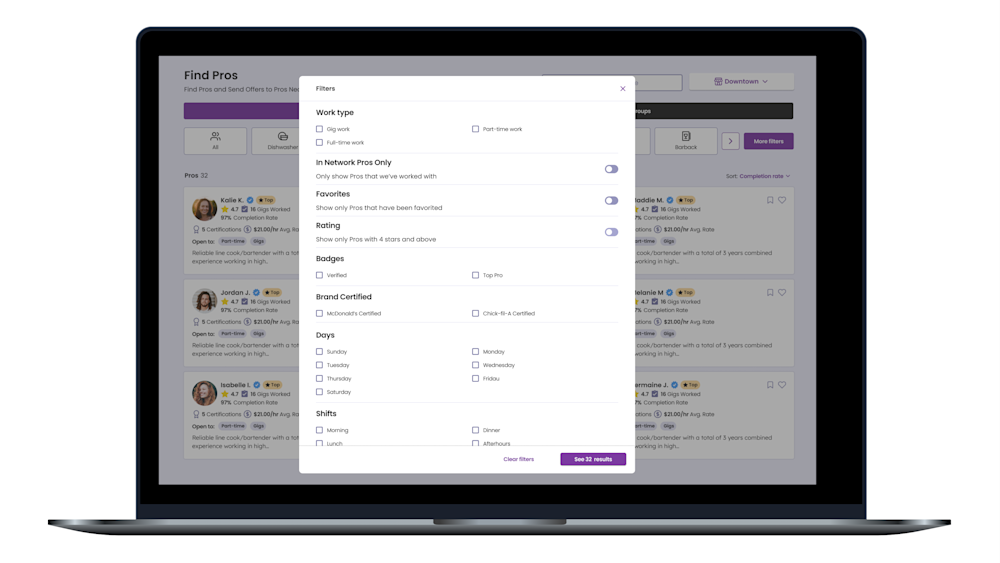 Gigpro's new web app feature, find a pro, using the feature to filter by pro skills, requirements and experience.