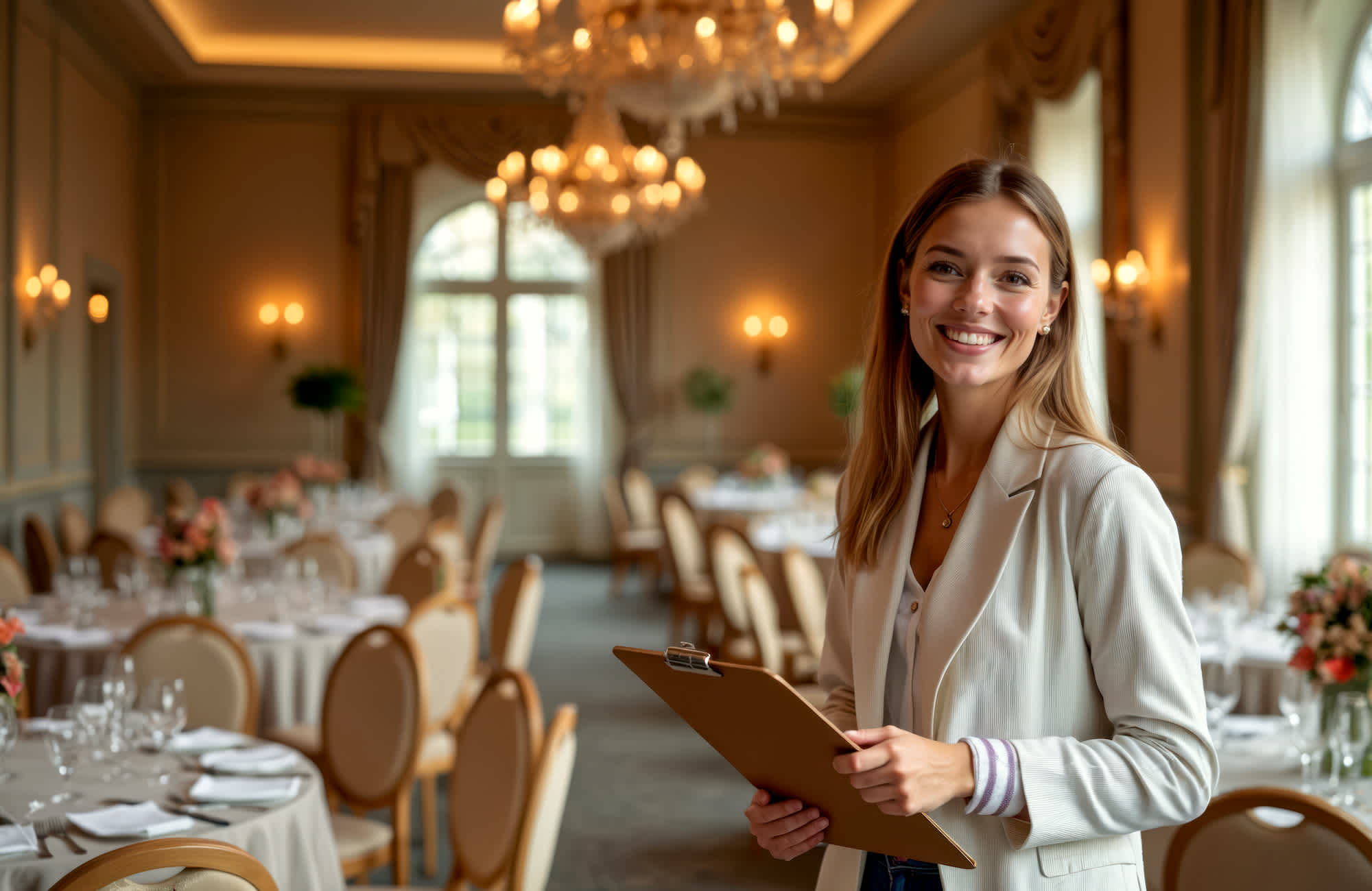 Woman holding clipboard in dining room