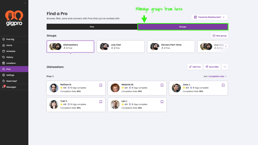 Easily access your top Pros on Gigpro by creating Groups.