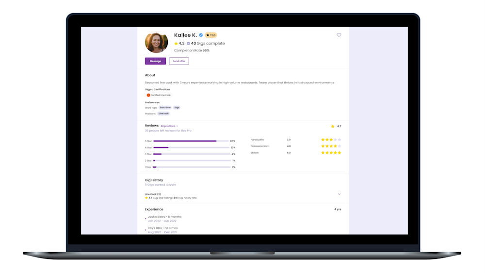 Gigpro's web app, viewing a pro's profile, including previous ratings and experiences.