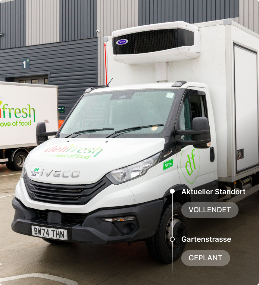 Weißer Sobeys-Lieferwagen, geparkt auf Parkplatz, mit Lieferstatus „Abgeschlossen“ am aktuellen Ort und „Geplant“ anzeigt.