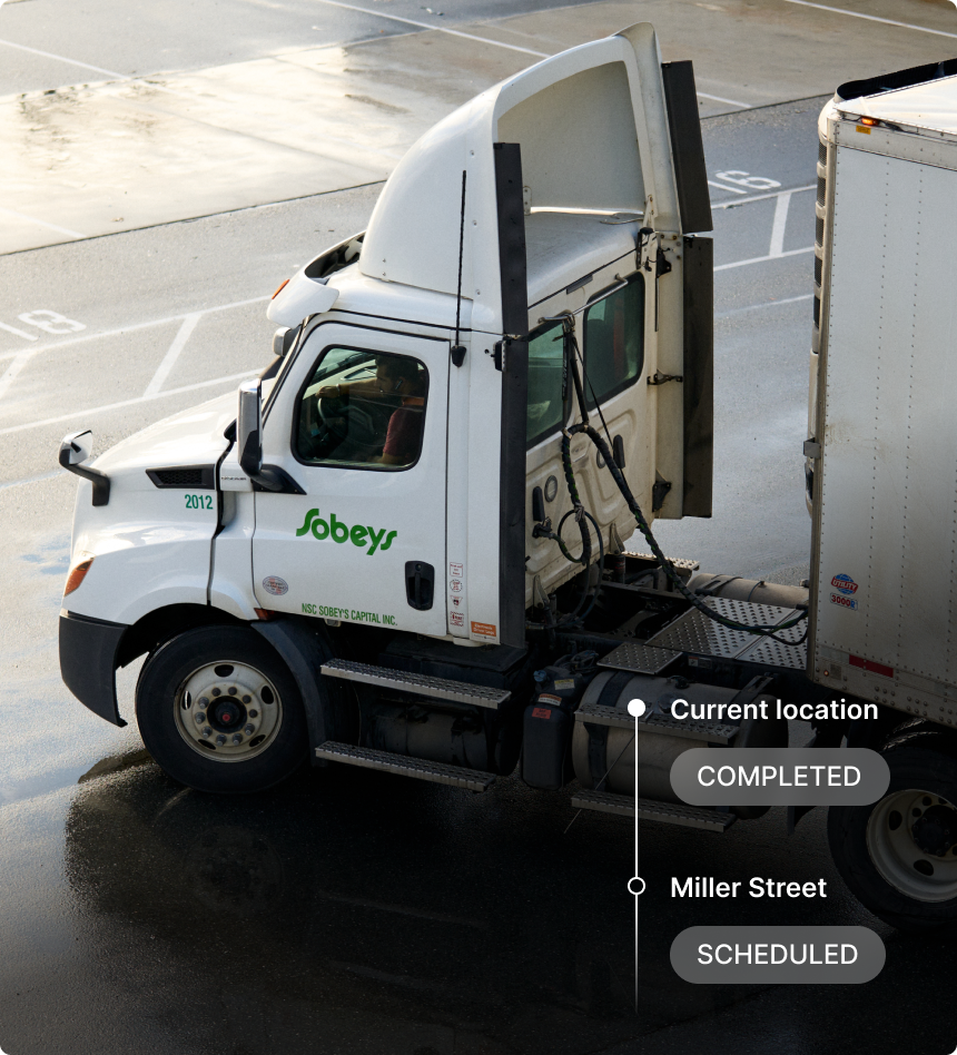 White Sobeys delivery truck parked in a lot with delivery status showing "Completed" at current location and "Scheduled"