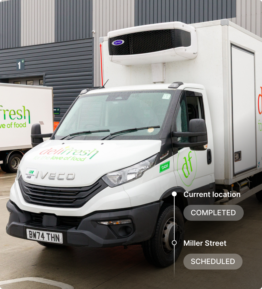 White Sobeys delivery truck parked in a lot with delivery status showing 'Completed' at current location and 'Scheduled'