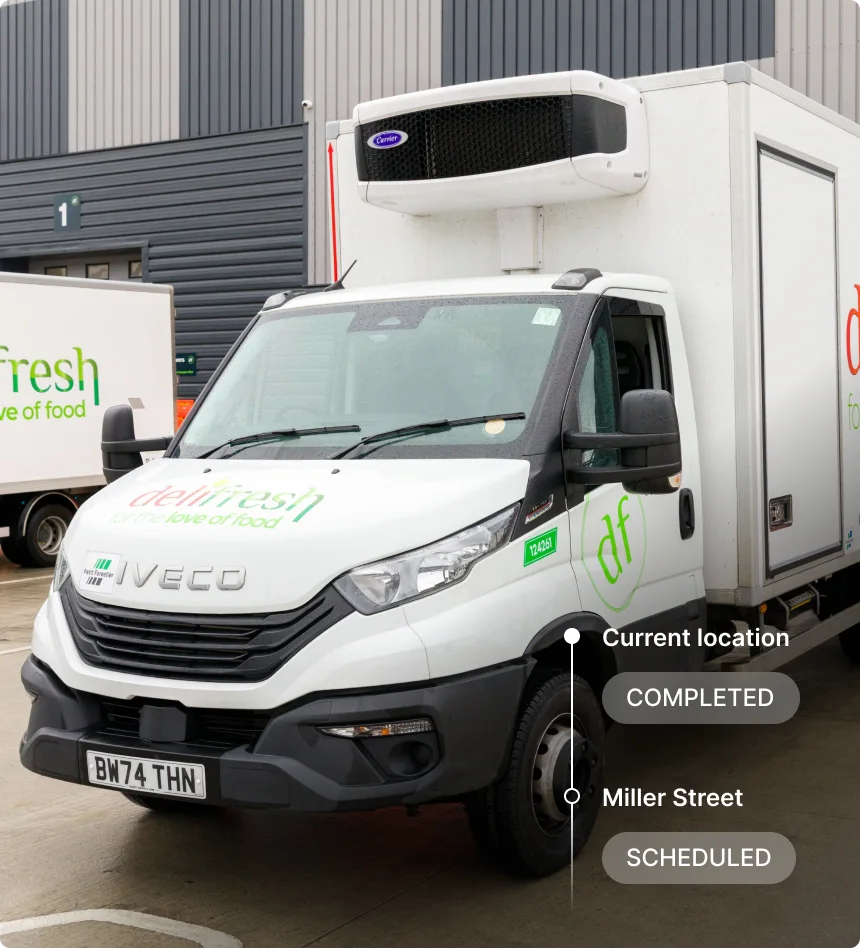 White Sobeys delivery truck parked in a lot with delivery status showing 'Completed' at current location and 'Scheduled'