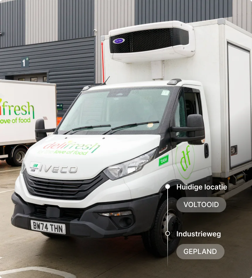 Witte Sobeys bestelwagen geparkeerd op een parkeerplaats met als leveringsstatus 'Voltooid' op huidige locatie en 'Gepland'