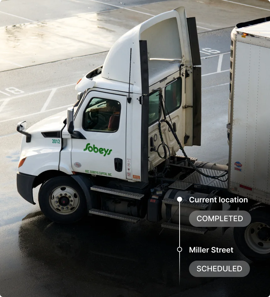 White Sobeys delivery truck parked in a lot with delivery status showing "Completed" at current location and "Scheduled"