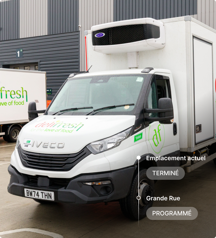 Camion stationné avec le statut de livraison indiquant Terminé à l’emplacement actuel et « Prévu ».