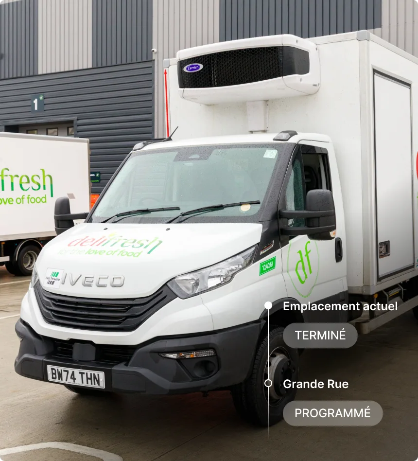 Camion stationné avec le statut de livraison indiquant Terminé à l’emplacement actuel et « Prévu ».