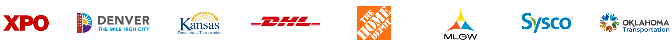 Row of company logos including XPO, Denver, Kansas DOT, DHL, Home Depot, MLGW, Sysco, and Oklahoma Transportation