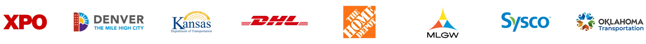 Row of company logos including XPO, Denver, Kansas DOT, DHL, Home Depot, MLGW, Sysco, and Oklahoma Transportation