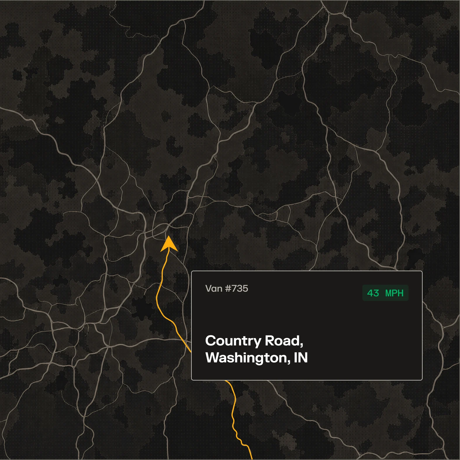 Dark map showing Van #735 traveling on Country Road, Washington, IN at 43 MPH, with an orange route arrow.