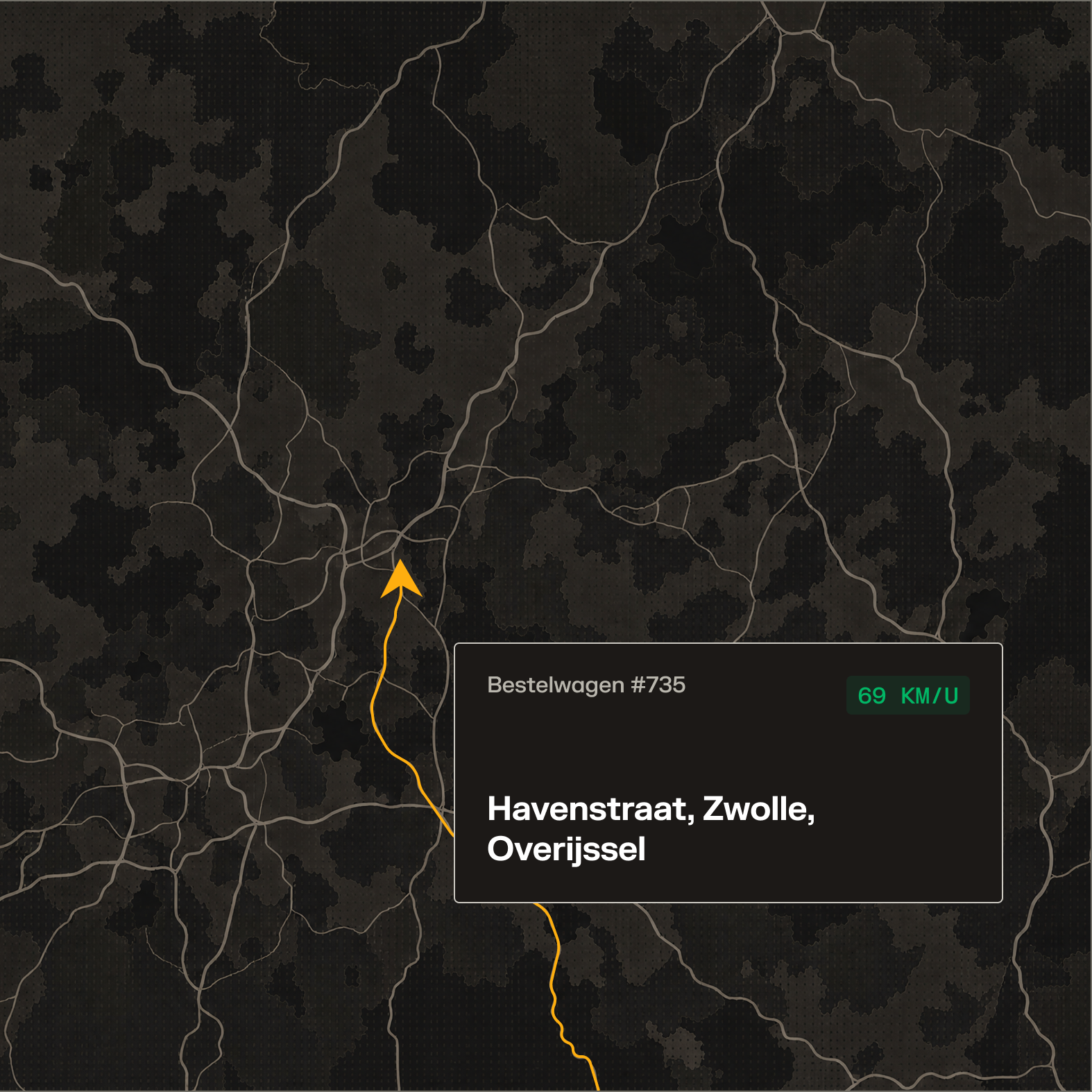 Donkere kaart met oranje route en pijl voor bestelwagen #735 op Havenstraat, Zwolle, rijdend met 69 km/u.