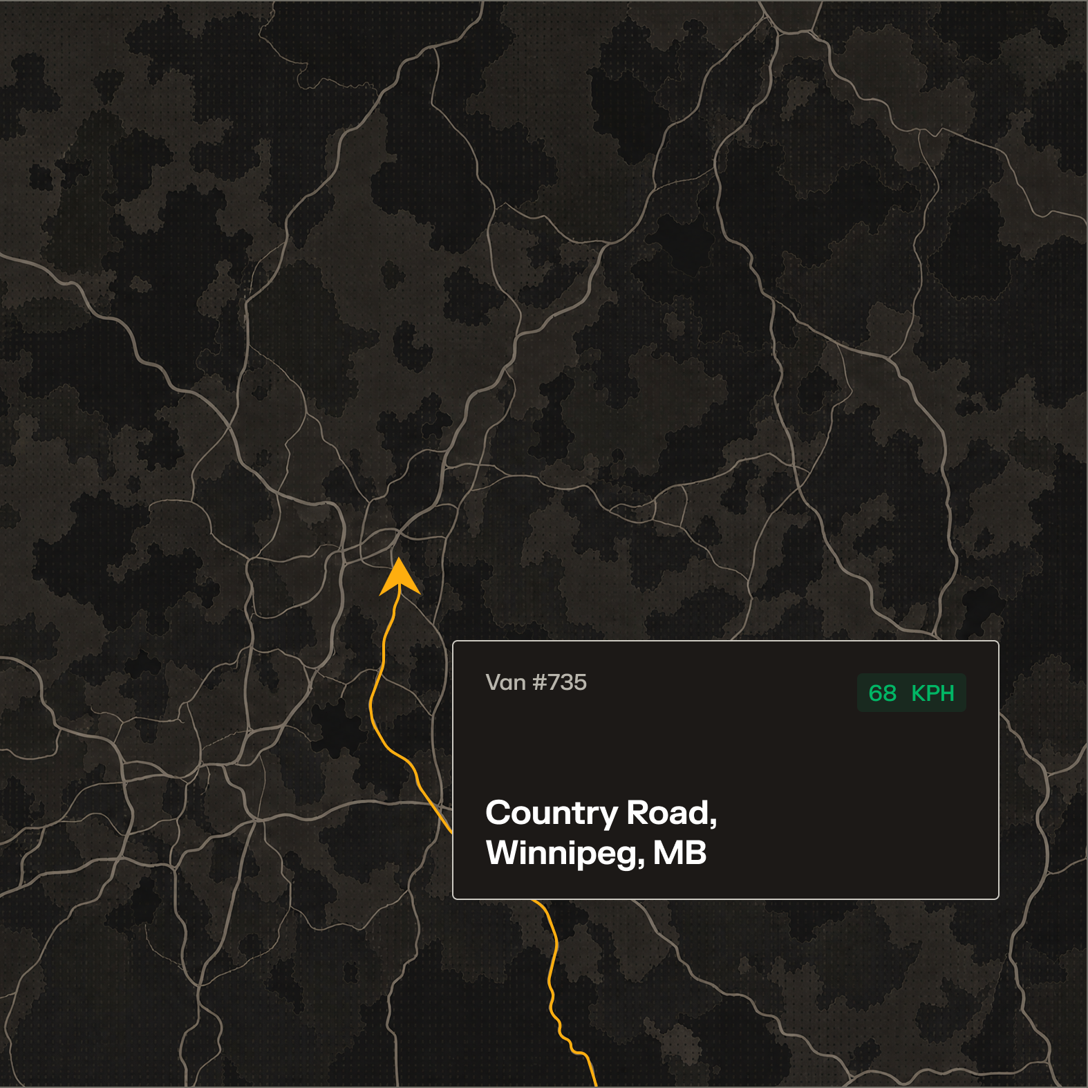 Dark map showing Van #735 traveling on Country Road, Washington, IN at 43 MPH, with an orange route arrow.